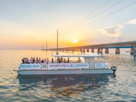 A sunset boat tour with people onboard, cruising past a bridge over calm water.